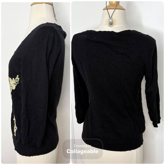 Anthropologie HWR Black Celosia Sweater with Cream Lace Accents Cashmere Blend - Picture 3 of 4